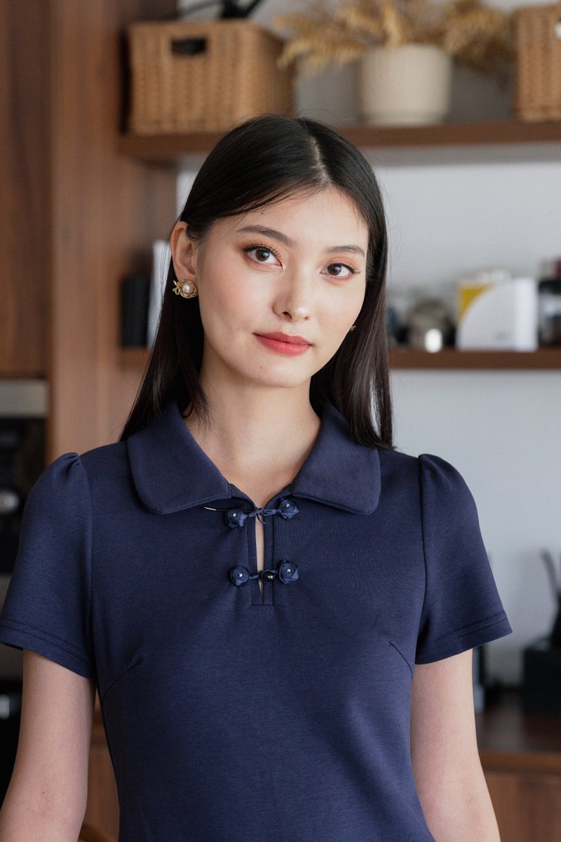 Yue Rose Cheongsam Polo Dress In Navy