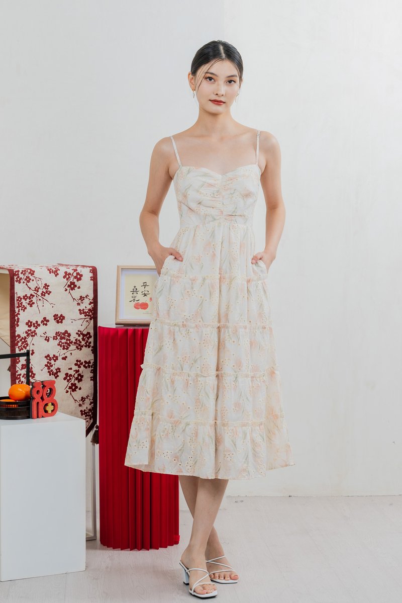 Jing Eyelet Floral Tiered Midi Dress In Cream