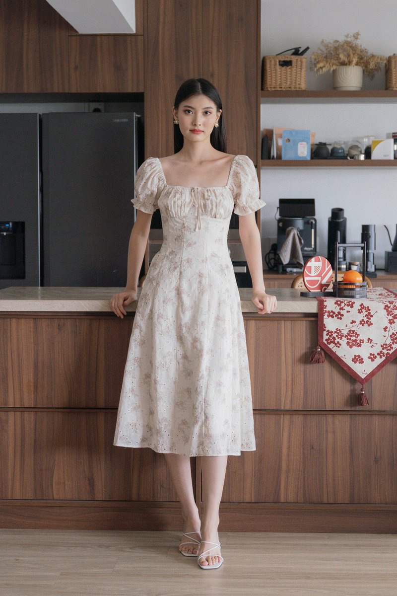 Magnolia Eyelet Ruched Midi Dress In Sand