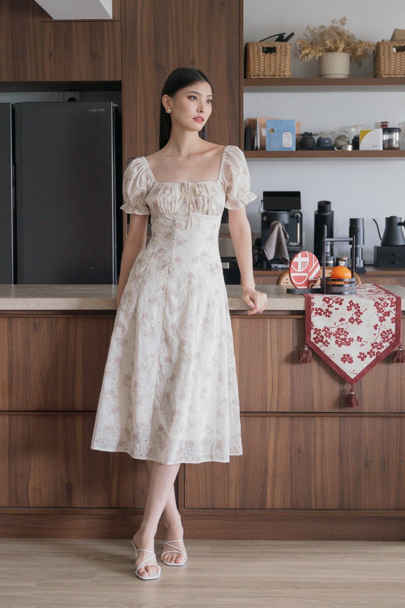 Magnolia Eyelet Ruched Midi Dress In Sand