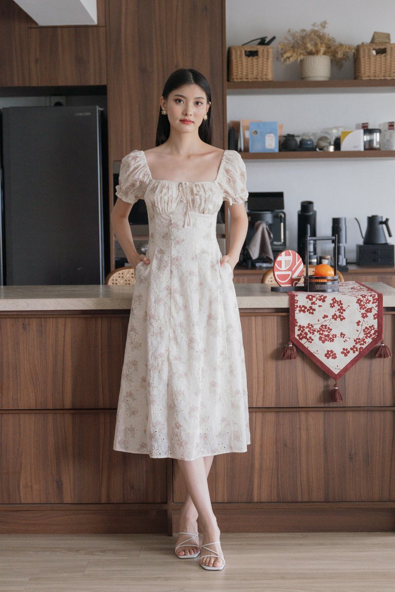 Magnolia Eyelet Ruched Midi Dress In Sand