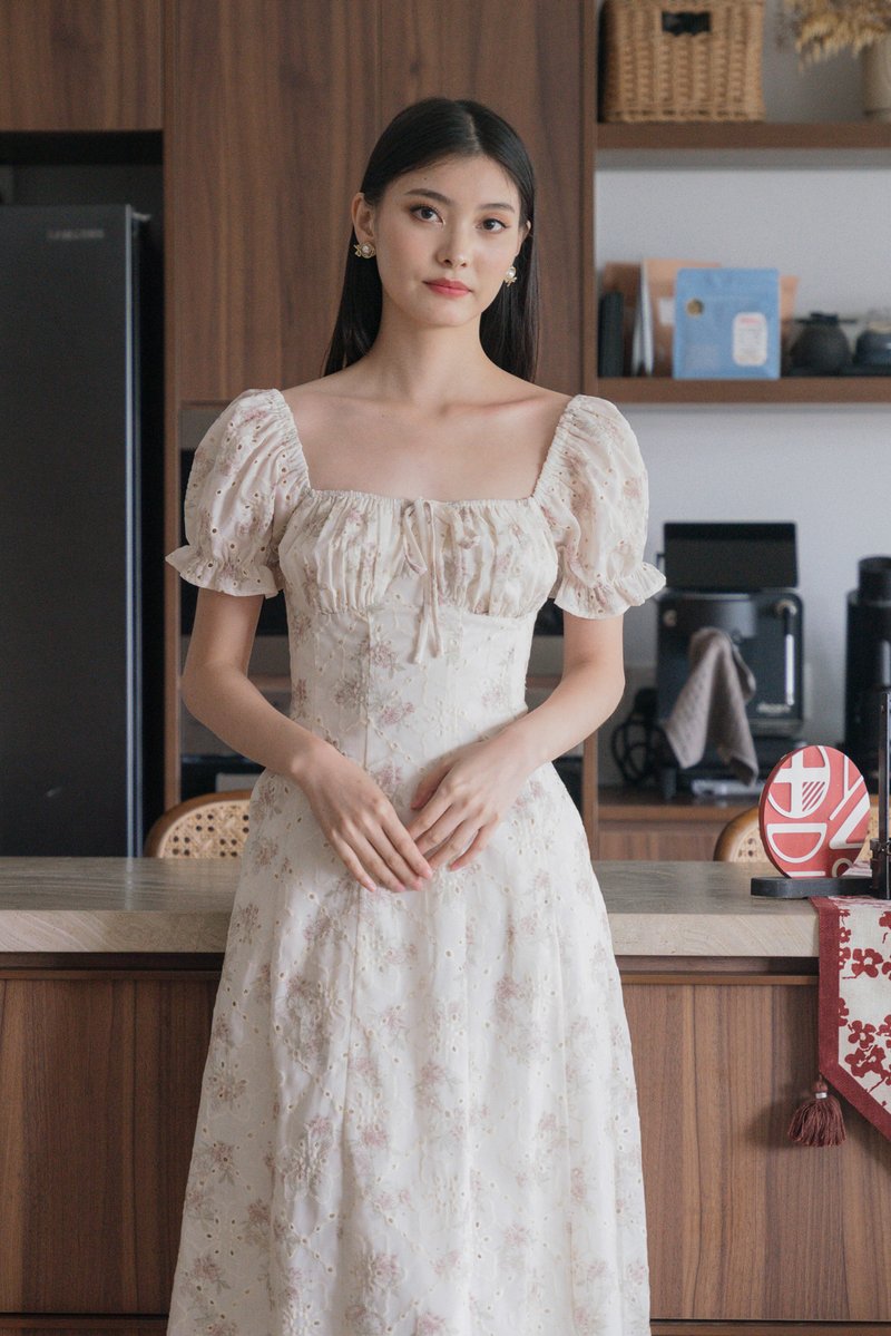 Magnolia Eyelet Ruched Midi Dress In Sand