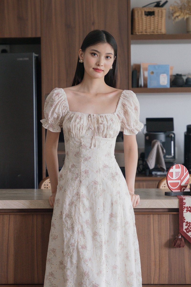 Magnolia Eyelet Ruched Midi Dress In Sand