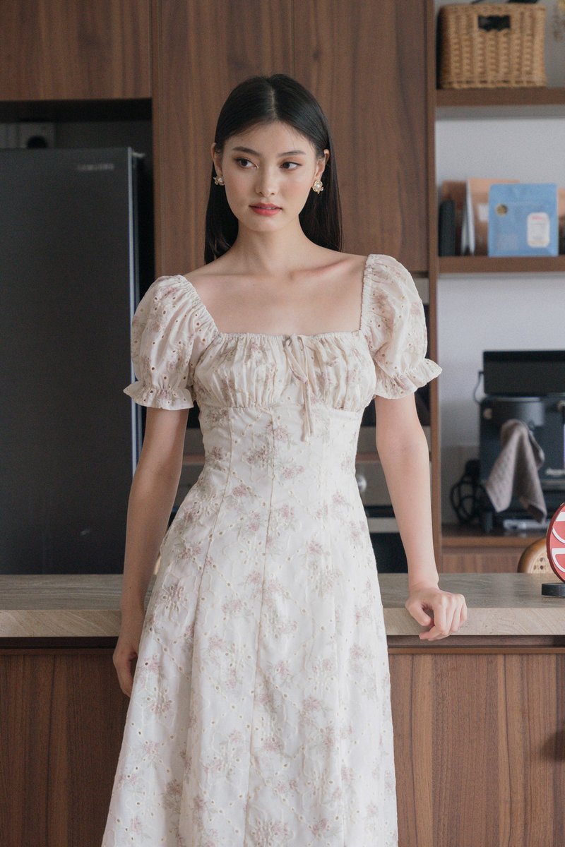 Magnolia Eyelet Ruched Midi Dress In Sand