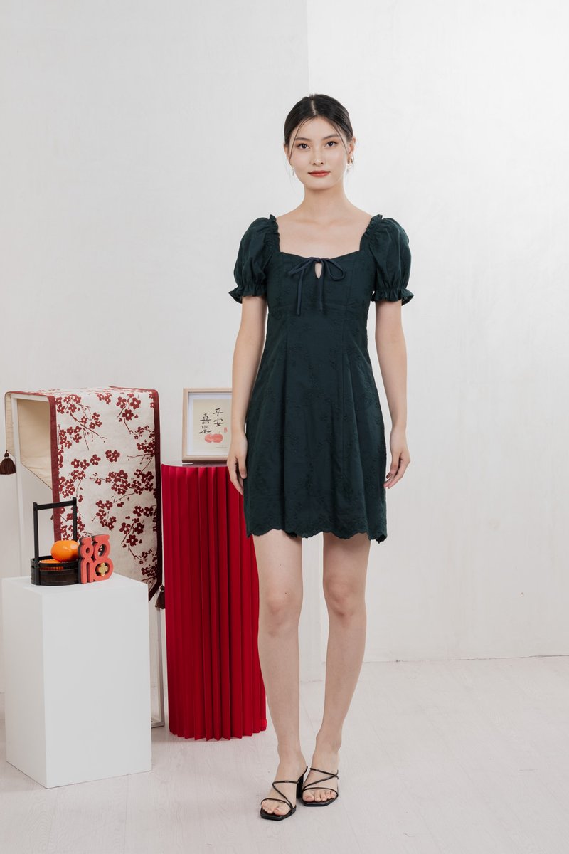 Sage Embroidered Tie Ribbon Dress In Emerald