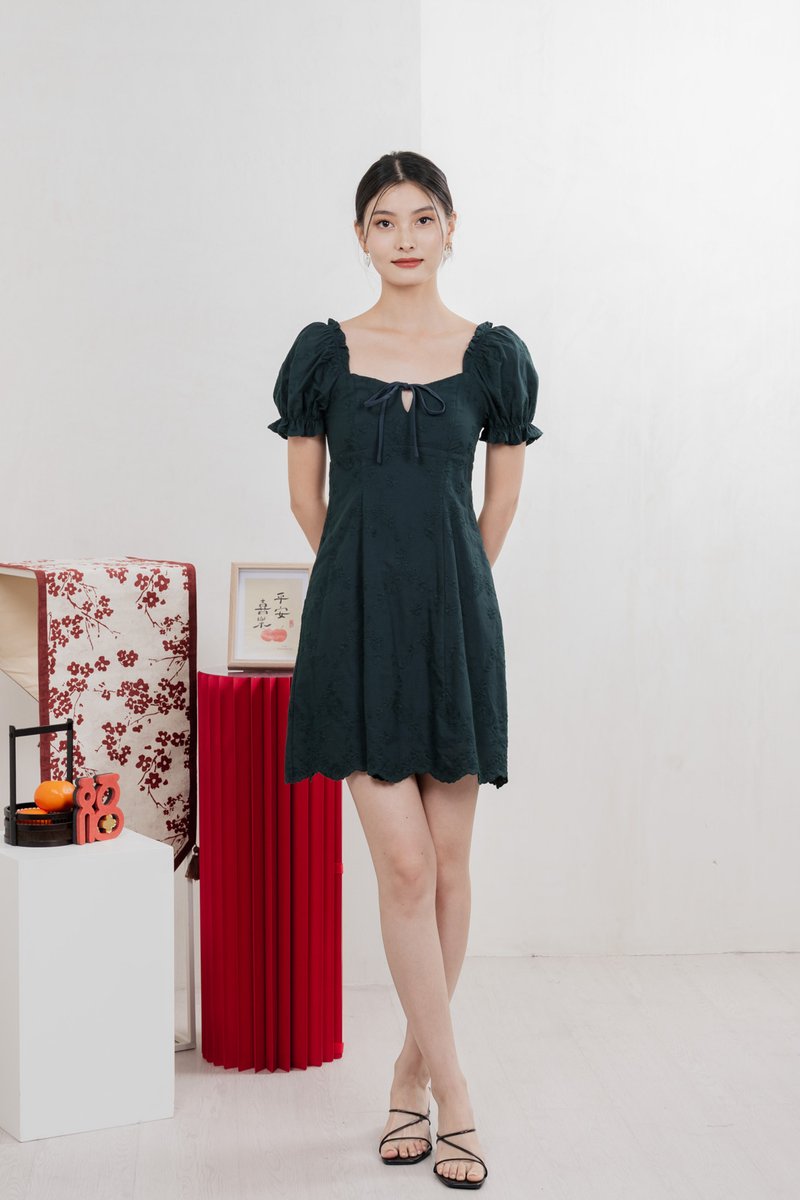 Sage Embroidered Tie Ribbon Dress In Emerald