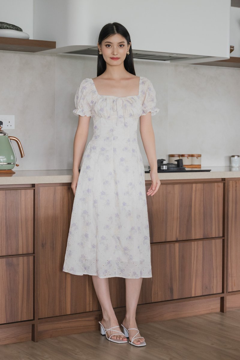 Magnolia Eyelet Ruched Midi Dress In Purple