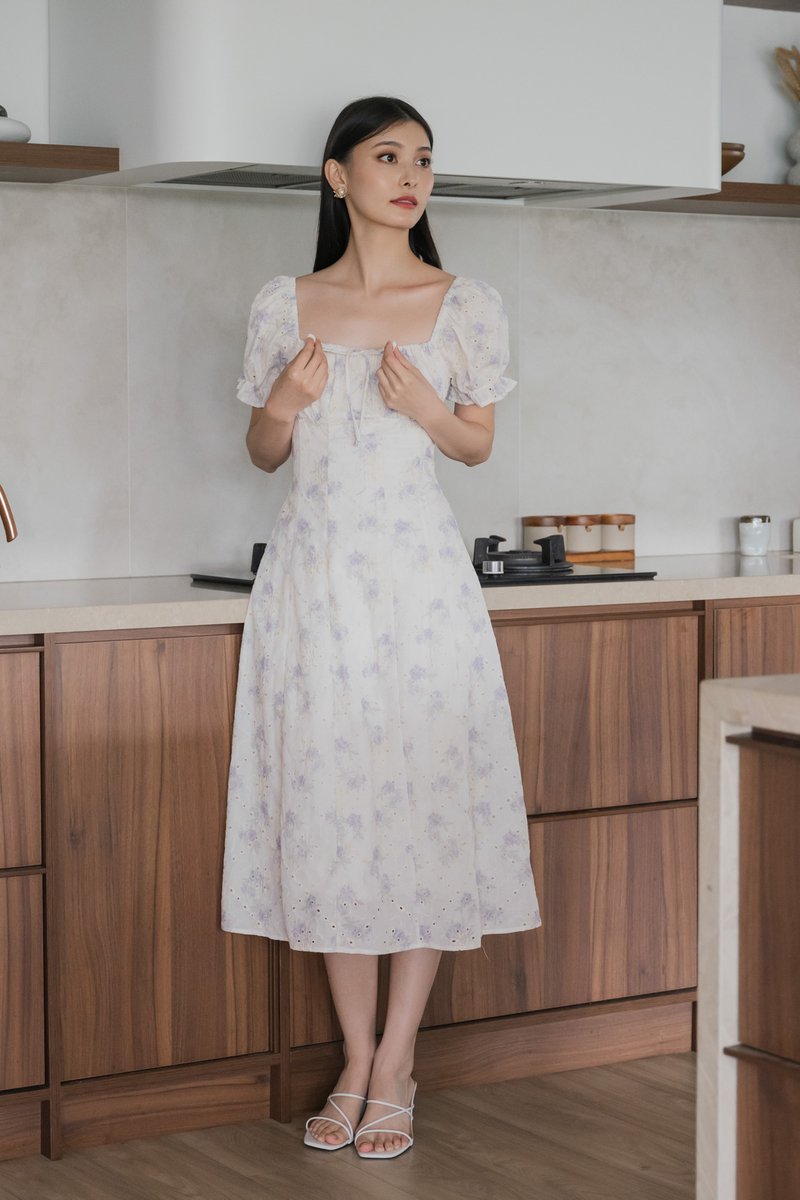 Magnolia Eyelet Ruched Midi Dress In Purple