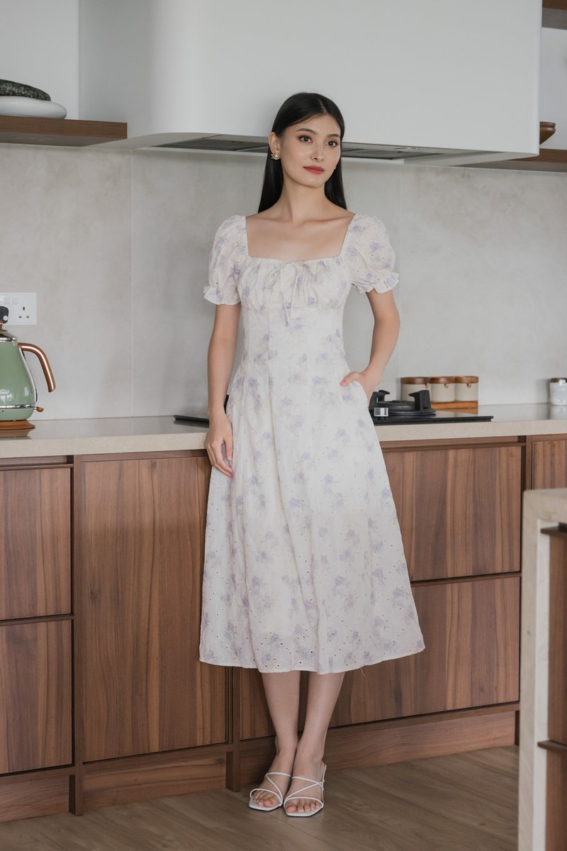 Magnolia Eyelet Ruched Midi Dress In Purple