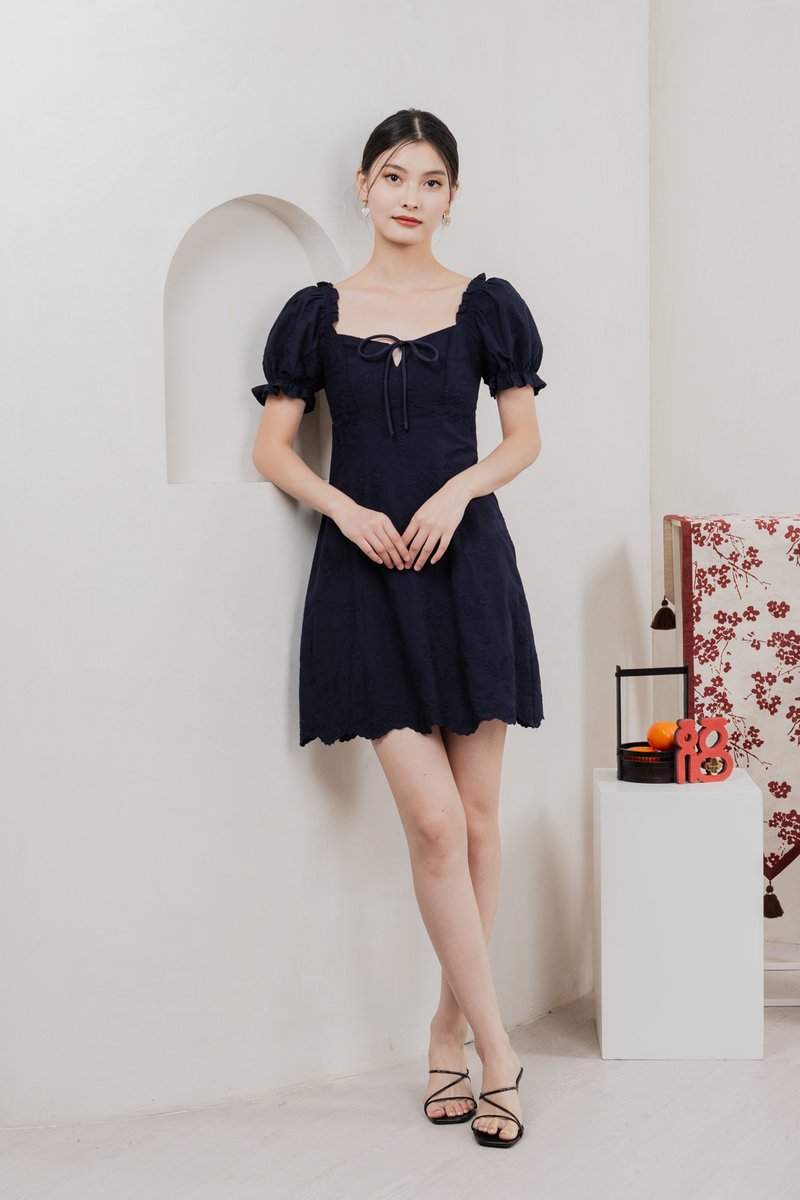 Sage Embroidered Tie Ribbon Dress In Navy