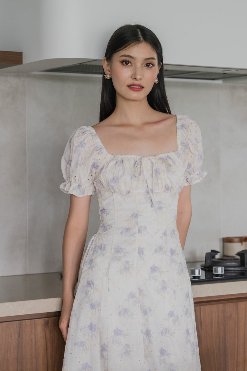Magnolia Eyelet Ruched Midi Dress In Purple