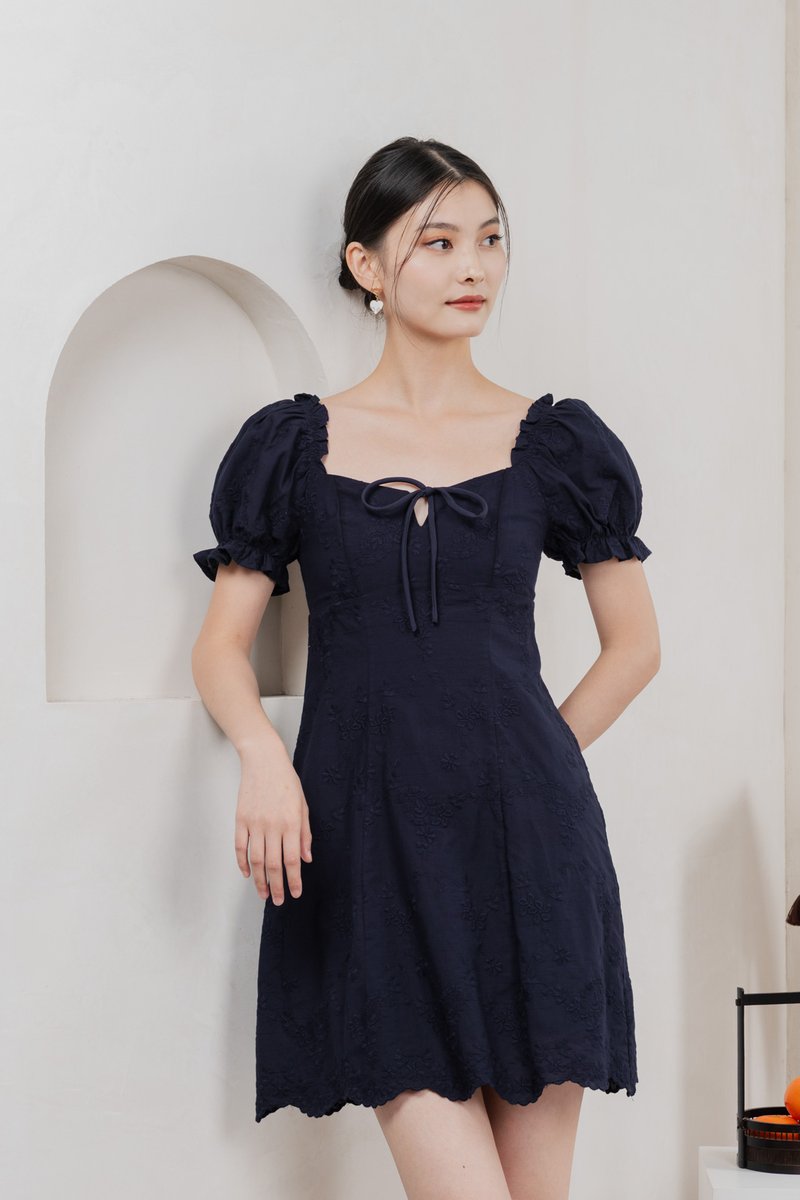 Sage Embroidered Tie Ribbon Dress In Navy
