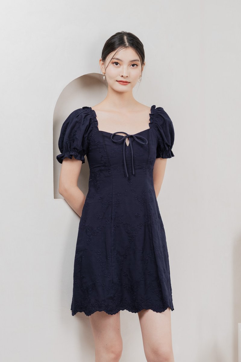 Sage Embroidered Tie Ribbon Dress In Navy