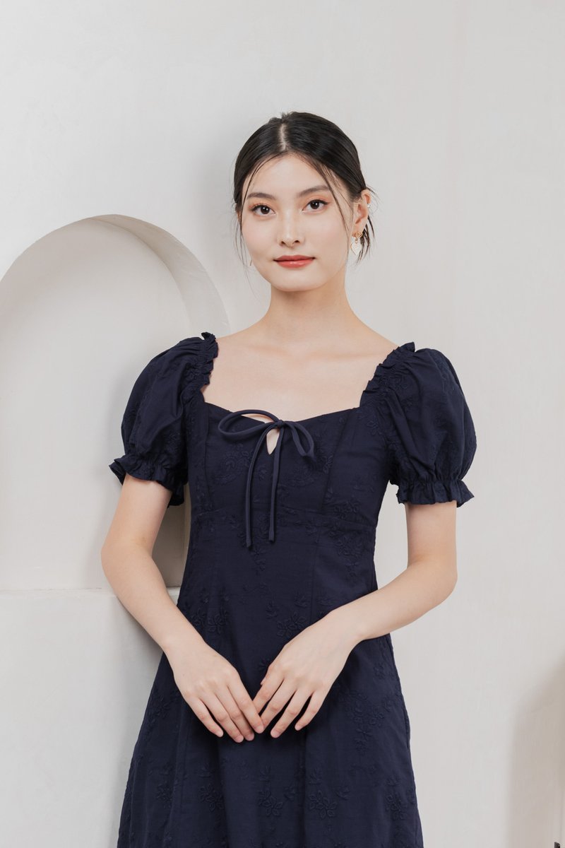 Sage Embroidered Tie Ribbon Dress In Navy