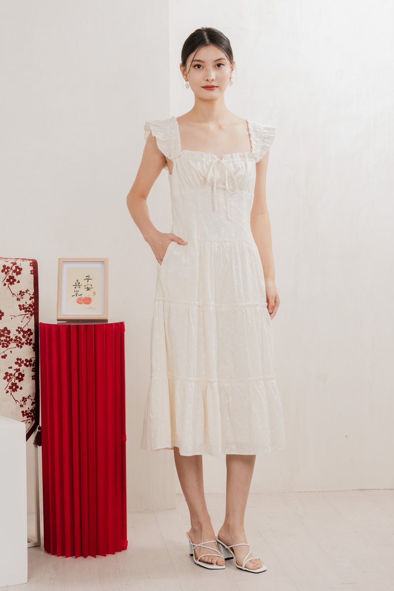 Touch of Spring Embroidery Midi Dress In Cream