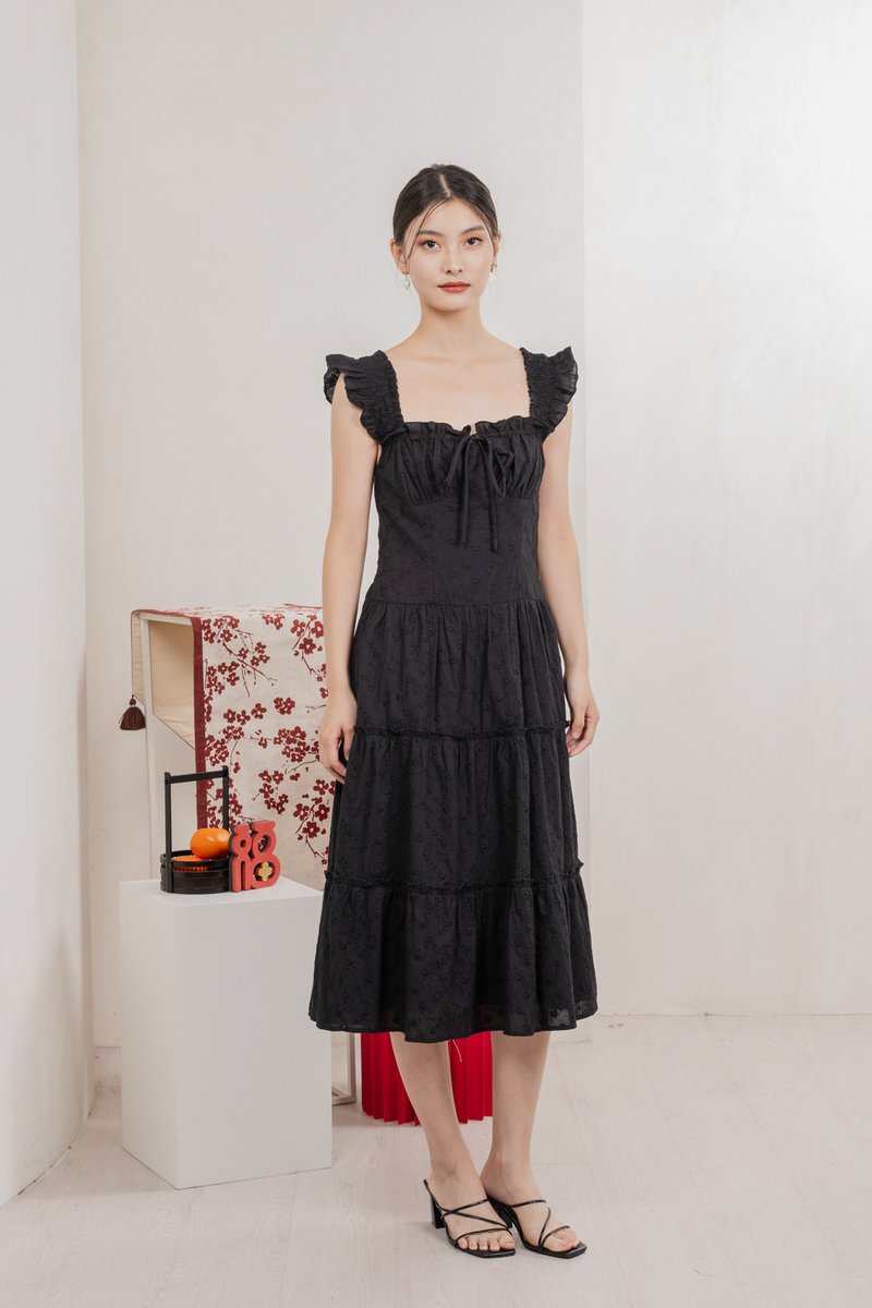 Touch of Spring Embroidery Midi Dress In Black