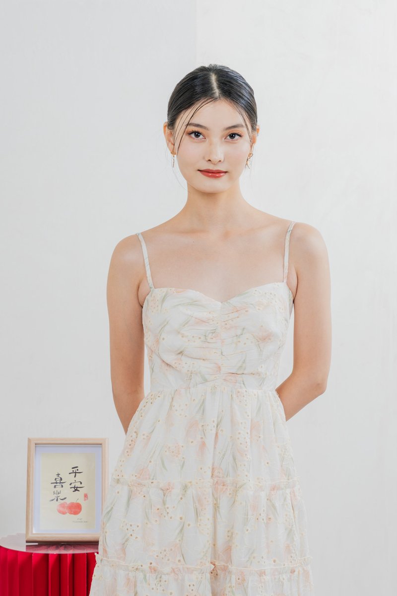 Jing Eyelet Floral Tiered Midi Dress In Cream
