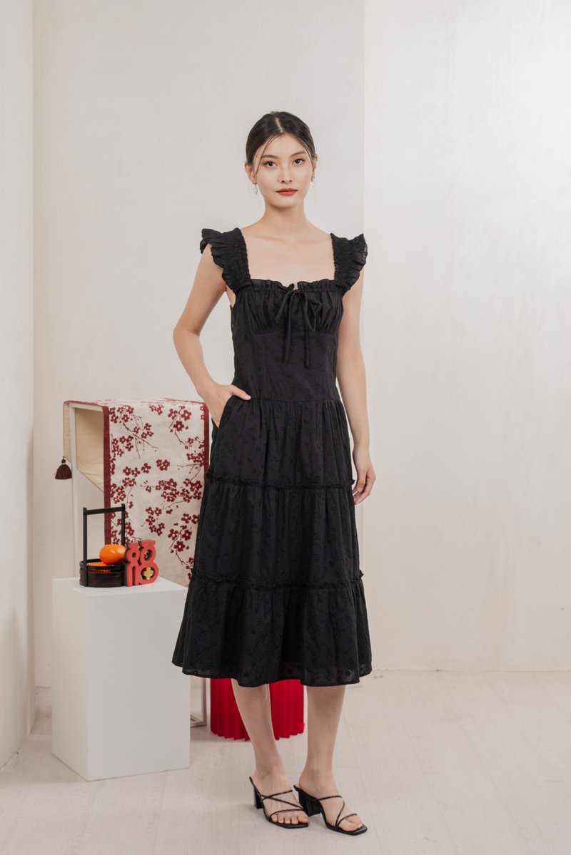 Touch of Spring Embroidery Midi Dress In Black