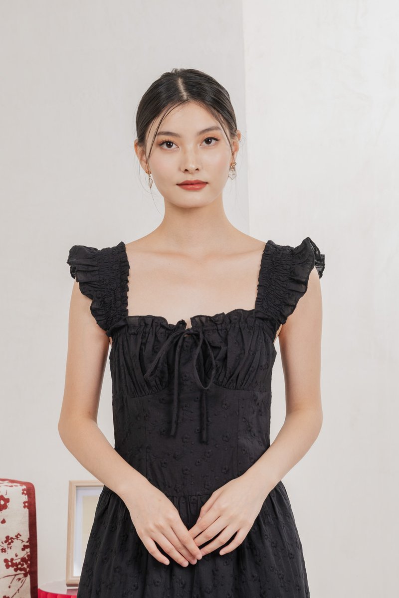 Touch of Spring Embroidery Midi Dress In Black