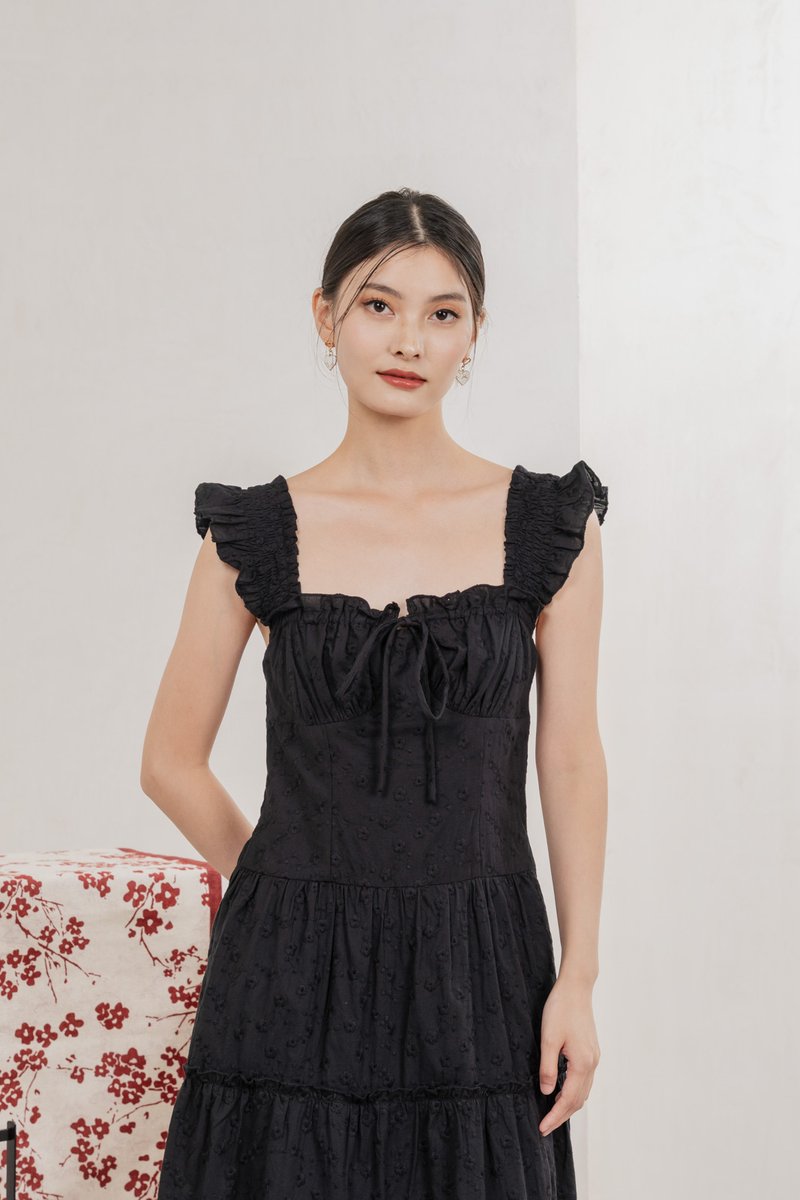Touch of Spring Embroidery Midi Dress In Black