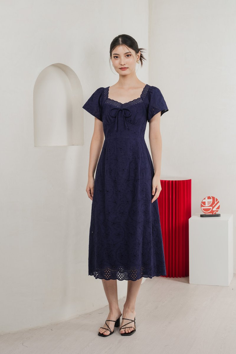 Princia Eyelet Ribbon Midi Dress In Navy