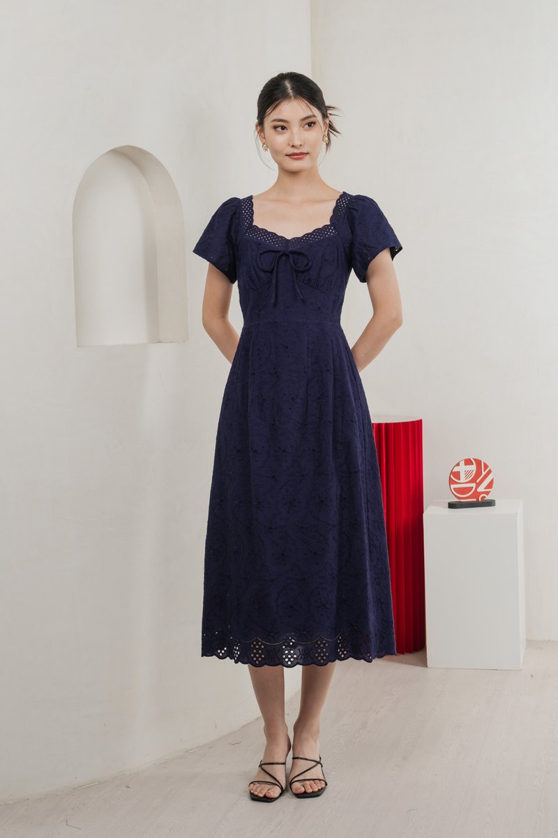 Princia Eyelet Ribbon Midi Dress In Navy