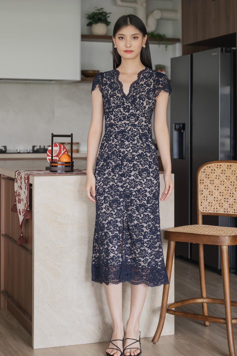 Xiu Lace Buttons Maxi Dress In Navy