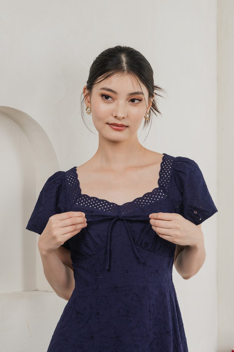 Princia Eyelet Ribbon Midi Dress In Navy