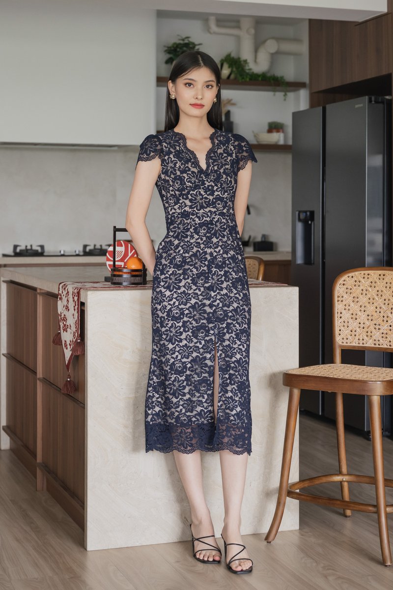 Xiu Lace Buttons Maxi Dress In Navy