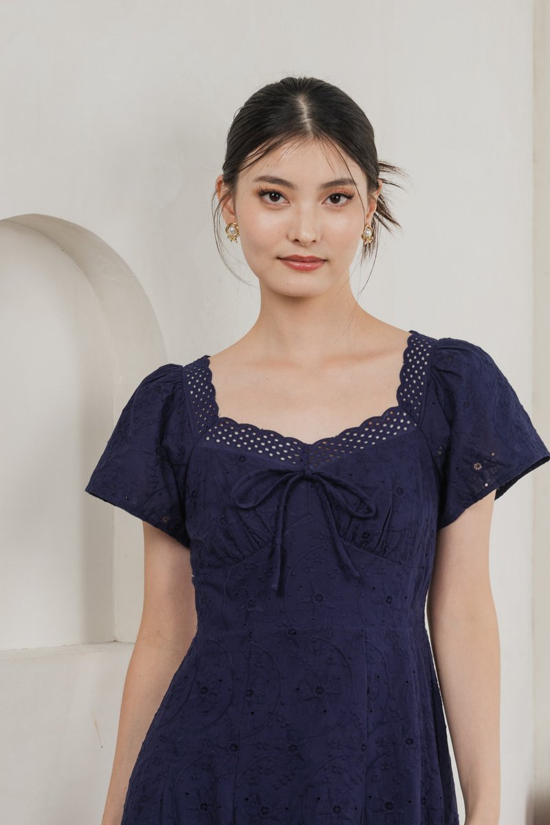 Princia Eyelet Ribbon Midi Dress In Navy