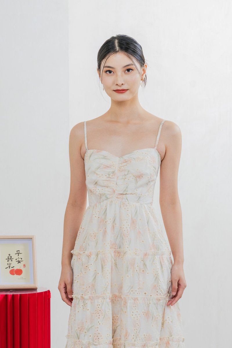 Jing Eyelet Floral Tiered Midi Dress In Cream