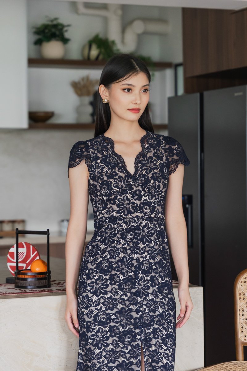 Xiu Lace Buttons Maxi Dress In Navy
