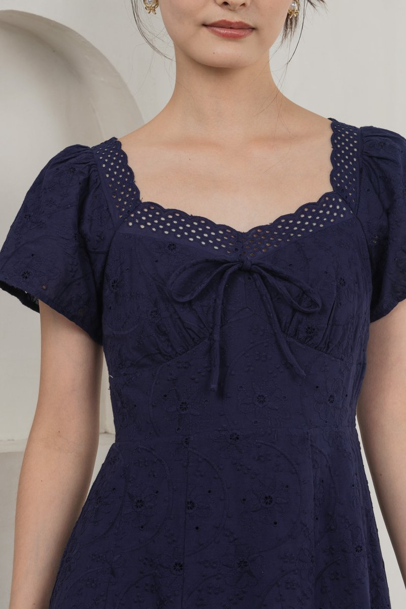 Princia Eyelet Ribbon Midi Dress In Navy