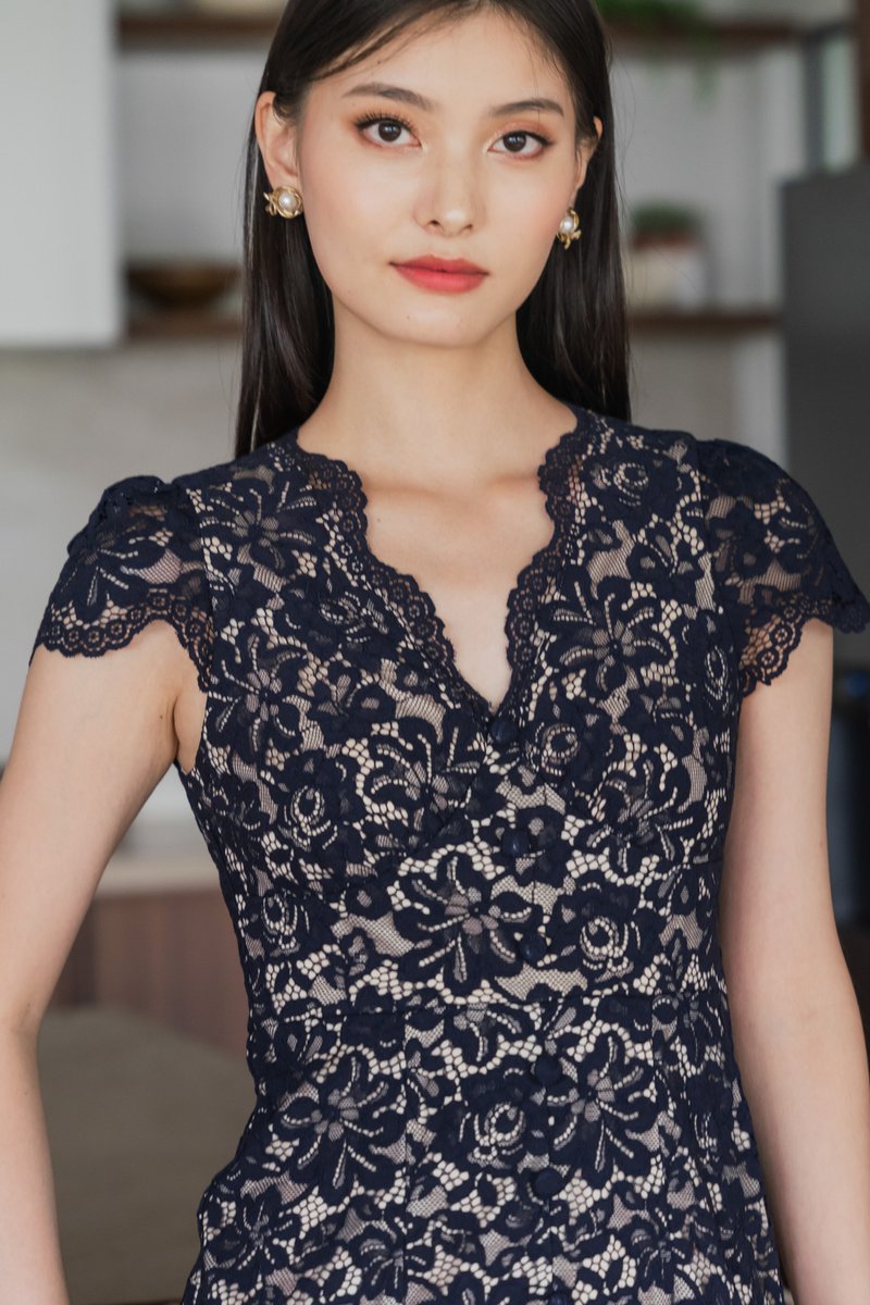 Xiu Lace Buttons Maxi Dress In Navy