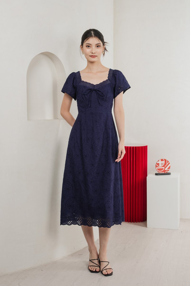 Princia Eyelet Ribbon Midi Dress In Navy