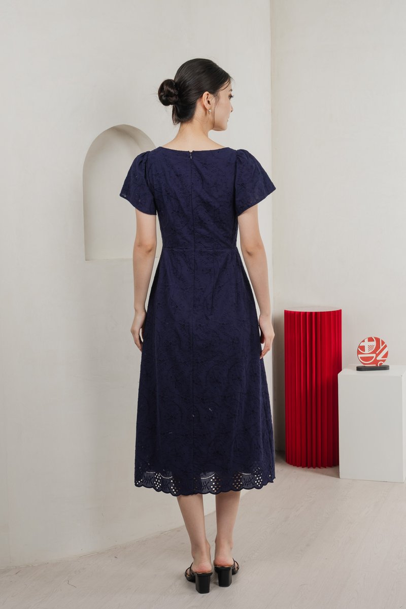 Princia Eyelet Ribbon Midi Dress In Navy