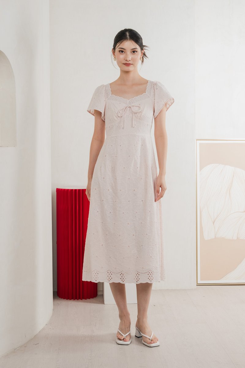 Princia Eyelet Ribbon Midi Dress In Light Pink