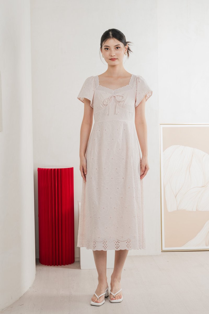 Princia Eyelet Ribbon Midi Dress In Light Pink