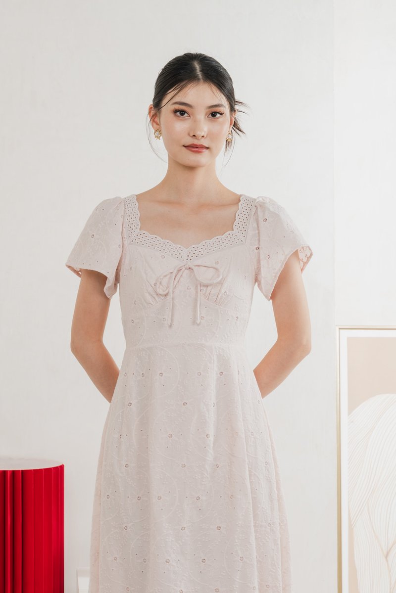 Princia Eyelet Ribbon Midi Dress In Light Pink