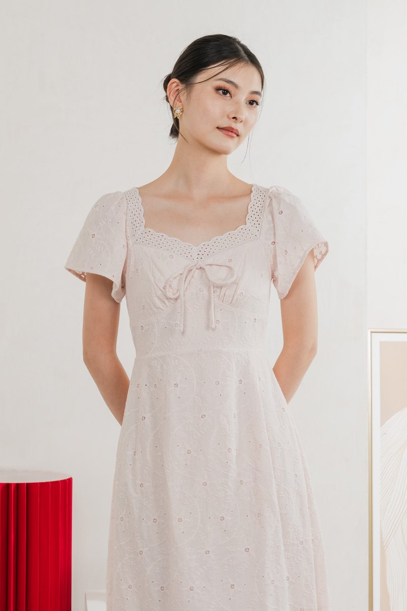 Princia Eyelet Ribbon Midi Dress In Light Pink