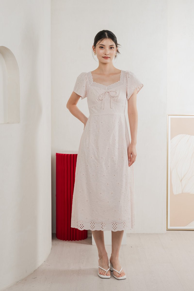Princia Eyelet Ribbon Midi Dress In Light Pink
