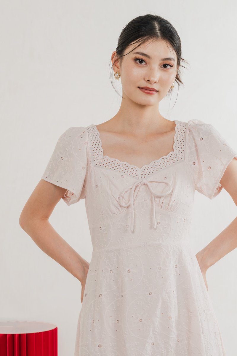 Princia Eyelet Ribbon Midi Dress In Light Pink