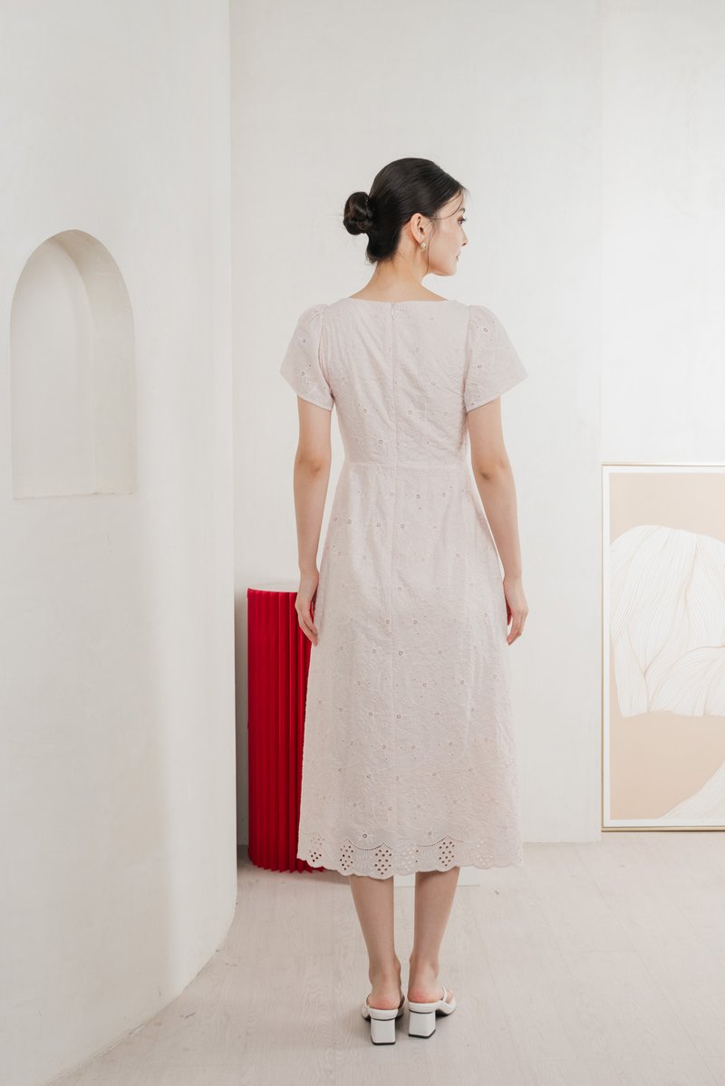 Princia Eyelet Ribbon Midi Dress In Light Pink