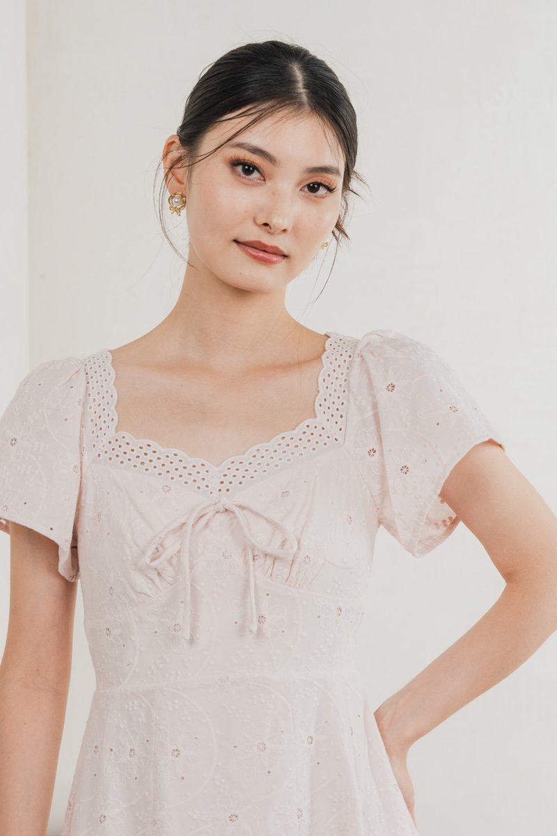 Princia Eyelet Ribbon Midi Dress In Light Pink