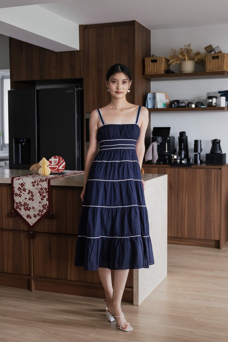 Vienna Eyelet Contrast Midi Dress In Navy