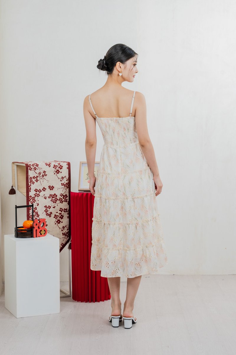 Jing Eyelet Floral Tiered Midi Dress In Cream
