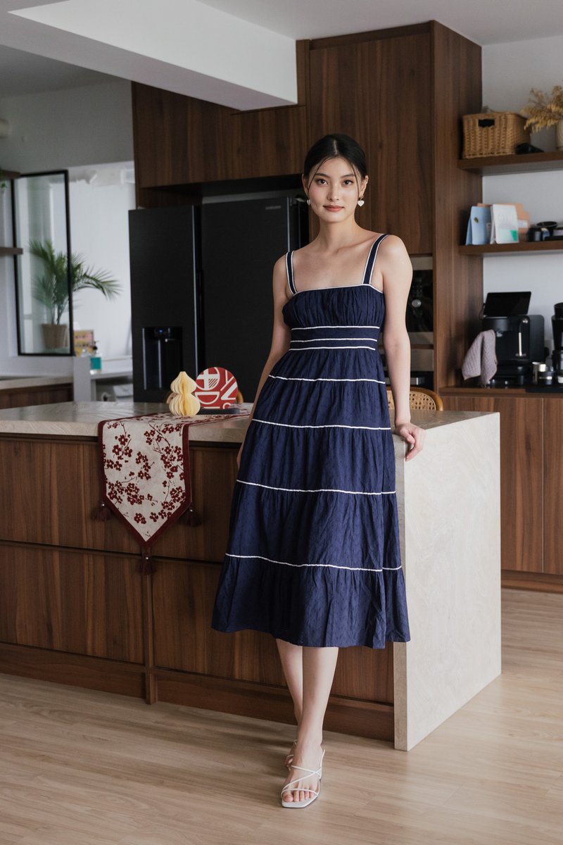 Vienna Eyelet Contrast Midi Dress In Navy