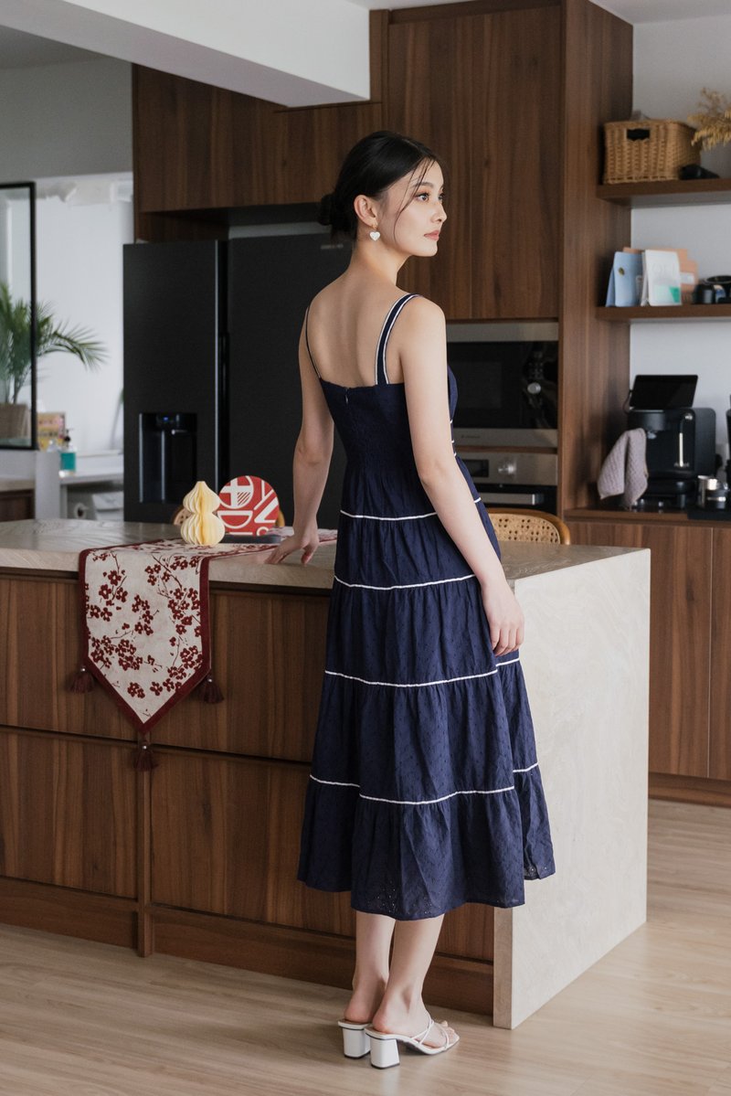 Vienna Eyelet Contrast Midi Dress In Navy