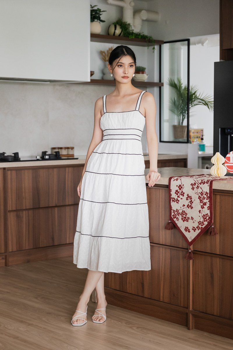 Vienna Eyelet Contrast Midi Dress In White
