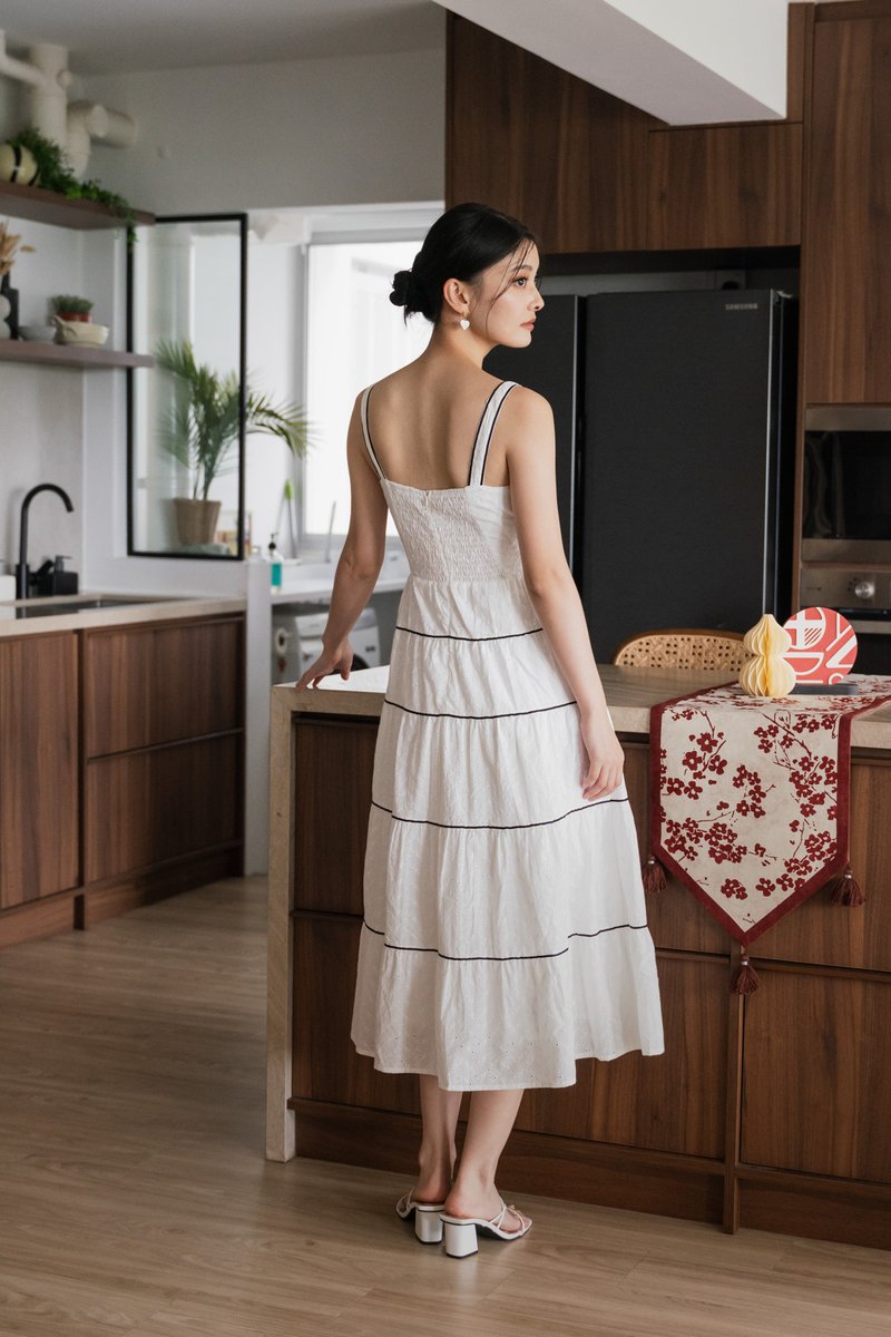 Vienna Eyelet Contrast Midi Dress In White